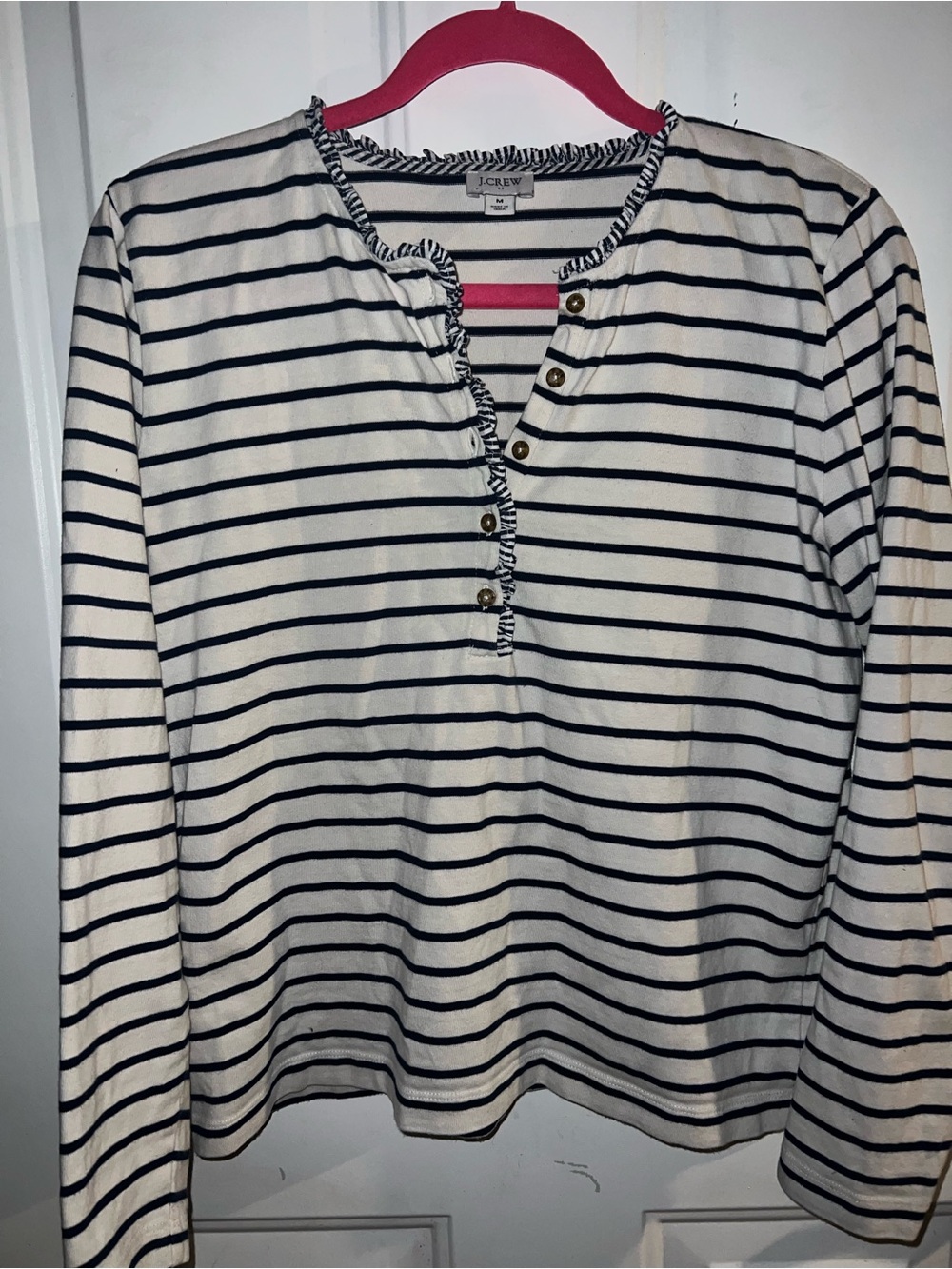 J. Crew White and Navy Striped Ruffle Henley Long Sleeve Top